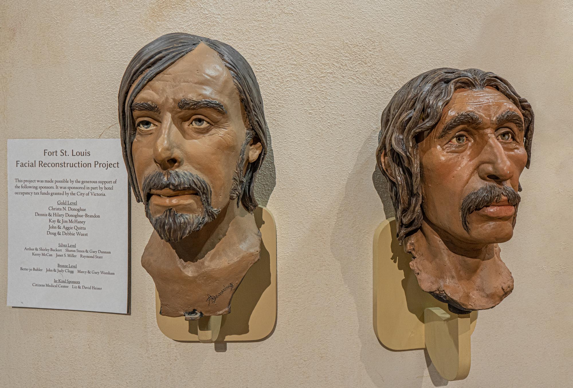 Over 300 years after their deaths, one can see the faces of two French colonists, the Sieur de Marle (right) and the Marquis de Sablonniere (left) at the Museum of the Coastal Bend.